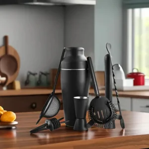 Black Stainless Steel Cocktail Shaker Set with essential bar tools for home bartending