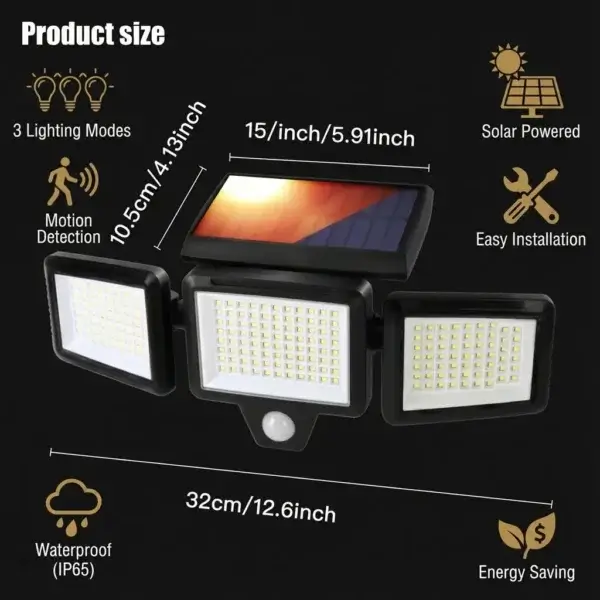 3‑head solar motion sensor outdoor light product dimension size diagram IP65 waterproof