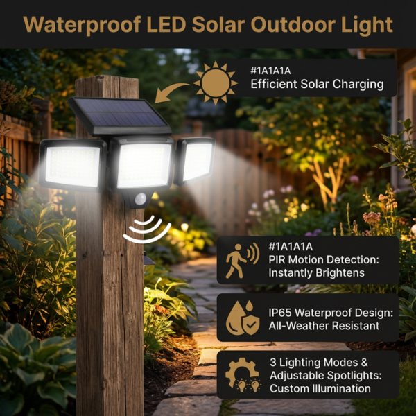 Waterproof LED Solar Outdoor Light with 3 Spotlights – 3 Lighting Modes & Motion Detection
