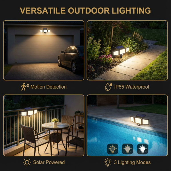 Waterproof LED Solar Outdoor Light with 3 Spotlights – 3 Lighting Modes & Motion Detection