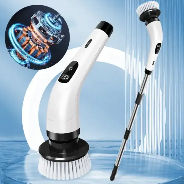Electric scrubber featuring digital power display, extension pole and powerful motor