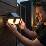 man‑adjust‑3‑head‑solar‑outdoor‑wall‑light Waterproof LED solar outdoor light with motion sensor, being installed on garden wall
