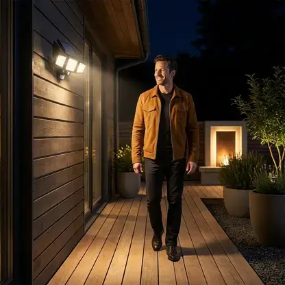 3‑head solar motion sensor outdoor light detecting human motion on wooden patio deck