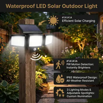 3‑head solar motion sensor outdoor light mounted on garden wooden fence post