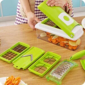 12‑in‑1 Vegetable Chopper, Fruit & Vegetable Slicer with Blades and Container 3 Manual vegetable chopper dicing carrots for home meal prep