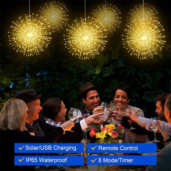 Solar Firework Lights for Parties Warm white solar firework lights hanging above garden party table, IP65 waterproof outdoor decor