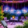 Color Changing Solar Firework Lights Color changing solar firework lights with purple-blue LEDs, hanging on pergola for patio decoration