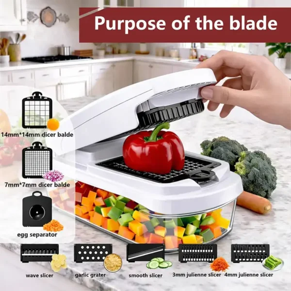 Blades Function of Multi-Purpose Vegetable Chopper Blades function of multi-purpose vegetable chopper: dicer, slicer, grater, egg separator