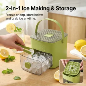 2-in-1 large capacity ice maker storage bin, showing ice cube tray and pull-out storage drawer in use