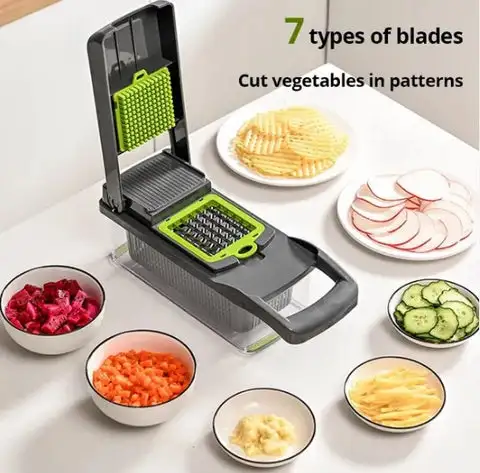 7 types of blades vegetable chopper manual, slice dice shred veggies in different patterns