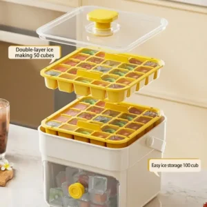 press-ice-cube-tray-with-storage-box-double-layer-100-cubes.jpg Double-layer press ice cube tray with storage box, easy release silicone ice moulds with lid, holds 100 cubes for freezer, BPA-free