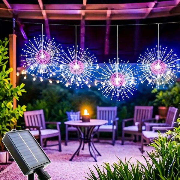 Color Changing Solar Firework Lights Color changing solar firework lights with purple-blue LEDs, hanging on pergola for patio decoration