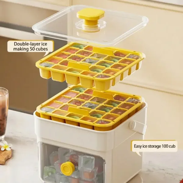 One-press release demo of beige ice cube tray, showing fast ice demolding with single button press One-press release demo of beige ice cube tray, showing fast ice demolding with single button press