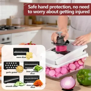 🥕15-in-1 Vegetable Chopper | Multifunctional Food Cutter with Container 4 Safe manual vegetable chopper with hand guard, wave slicer, grater and julienne slicer blades