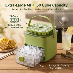 Large capacity ice cube maker with 48 cube tray and 150+ cube storage bin