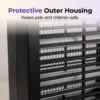 Close-up of protective outer metal grill housing on solar bug zapper, safety grid protects kids and pets from high voltage insect trap