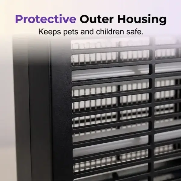 Close-up of protective outer metal grill housing on solar bug zapper, safety grid protects kids and pets from high voltage insect trap
