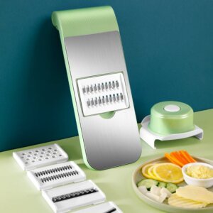 Complete set of interchangeable blades for multi-function vegetable slicer, all cutting attachments included 