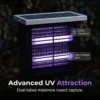 Dual UVA purple light tubes solar bug zapper with high voltage grid, UV spectrum attracts flying mosquitoes and bugs efficiently