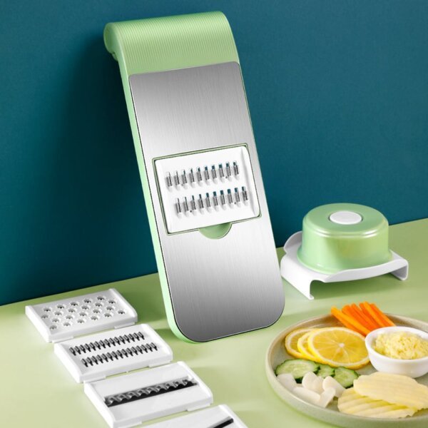 Multi blade vegetable slicer with full accessories set, interchangeable stainless steel cutting inserts for shredding, grating and slicing fruits and vegetable