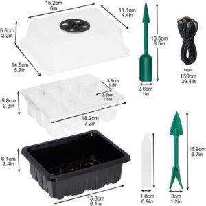 Alt text: Adjustable humidity seed starter tray kit with complete accessories and measurements, including clear dome, cell tray, base, planting tools, and heating mat cable, perfect for indoor seed germination