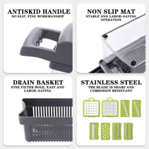 multi-functional vegetable chopper features non-slip handle, drain basket and sharp blades