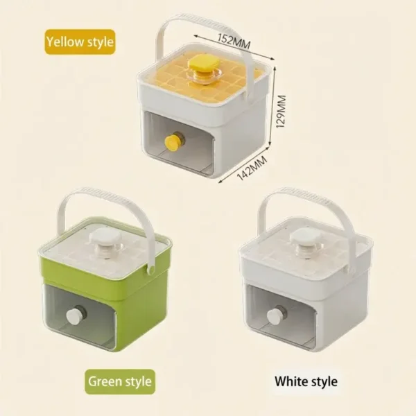 Press ice cube tray with storage box in yellow, green and white styles, showing dimensions 152Ă142Ă129mm Press ice cube tray with storage box in 3 colors (yellow, green, white), showing dimensions 152Ă142Ă129mm and portable handle design