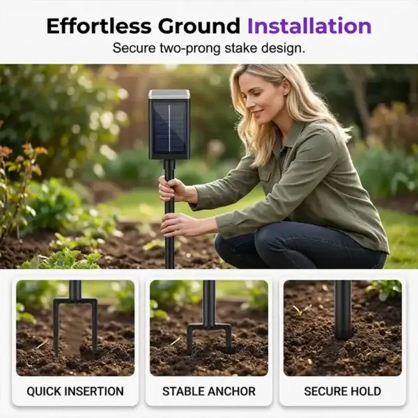 Easy install two-prong ground stake for solar mosquito zapper, quick plug into garden soil for stable outdoor placement