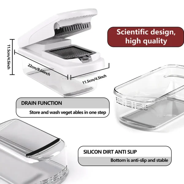vegetable-chopper-with-container.webp Multi-functional vegetable chopper with drain container, anti-slip base, dimensions 22x11.5cm