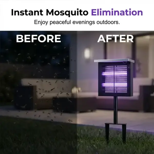 Before & after comparison of outdoor patio using solar mosquito zapper lamp, effectively eliminate flying bugs and mosquitoes