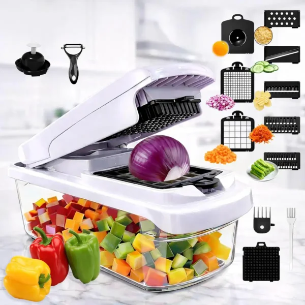 12-in-1 Vegetable Chopper with 8 Blades 12-in-1 manual vegetable chopper dicer slicer with 8 interchangeable blades, for onion, potato, carrot