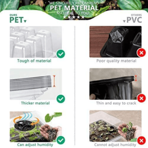 Alt text: Seed starter tray material comparison, our premium PET trays are thicker, sturdier, and crack-resistant, with adjustable humidity vents, unlike thin, fragile PVC alternatives that cannot control humidity