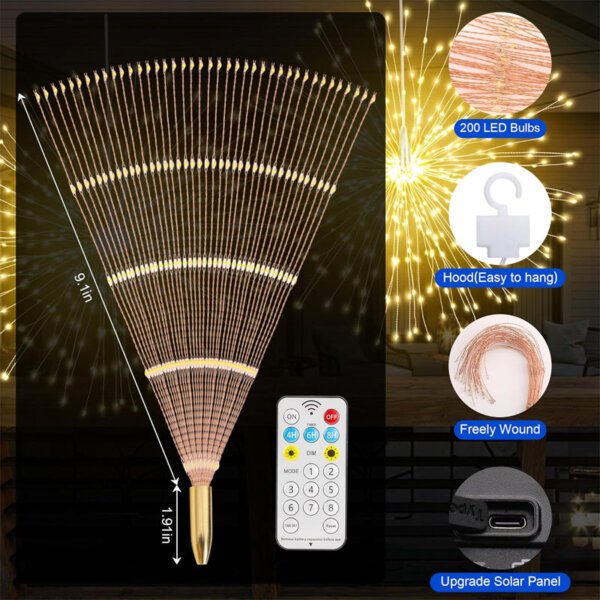 Solar Firework Lights Details Solar firework lights details: 200 LEDs, copper wire, easy hang hook, remote control, USB charging port