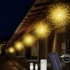 Solar Firework Lights for Patio Solar firework string lights hanging under patio eaves, warm white LED garden decor