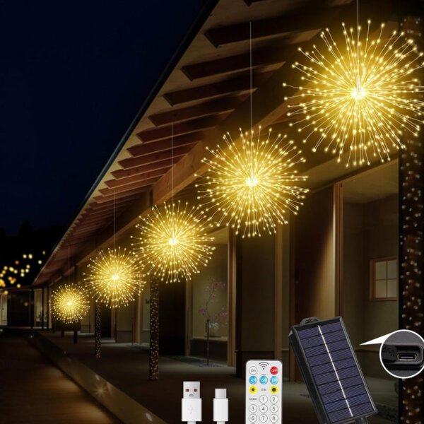 Solar Firework Lights for Patio Solar firework string lights hanging under patio eaves, warm white LED garden decor