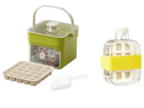 Green press ice cube tray with storage box, full kit including trays, scoop and ice bottle Green press ice cube tray with storage box, full kit including trays, scoop and ice bottle