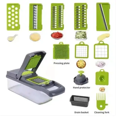 multi-functional manual vegetable chopper complete set, blades, hand protector and drain basket