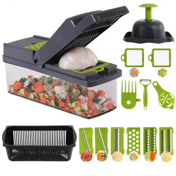 Multi-functional manual vegetable chopper with container, onion dicer and slicer for kitchen meal prep