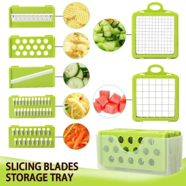 vegetable chopper manual with 5 slicing blades, storage tray for easy organization