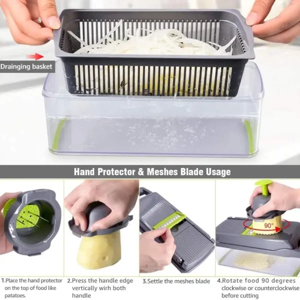 vegetable chopper manual with drain basket and hand protector, easy to use and clean