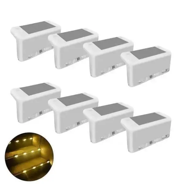 Clean white solar step lights set, blending well with light-colored decks and fences. 8-pack white solar step lights set, showing LED night light effect