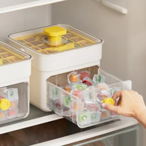 đ„HOT SALE 50%OFFđ„â±ïž Instant Ice Cubes in Seconds â Just Press & Release! đ§âš 5 Ice cube tray with pull-out storage drawer, storing pre-made fruit ice cubes neatly in the freezer, stackable design