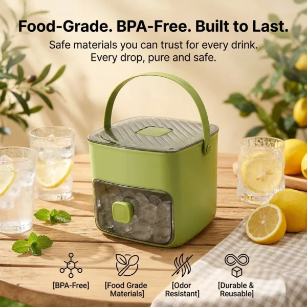 2-in-1 large capacity ice maker storage bin, highlighting BPA-free food-grade materials and durable construction