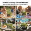 2-in-1 large capacity ice maker storage bin, collage showing summer uses like BBQs, pool parties, and outdoor gatherings