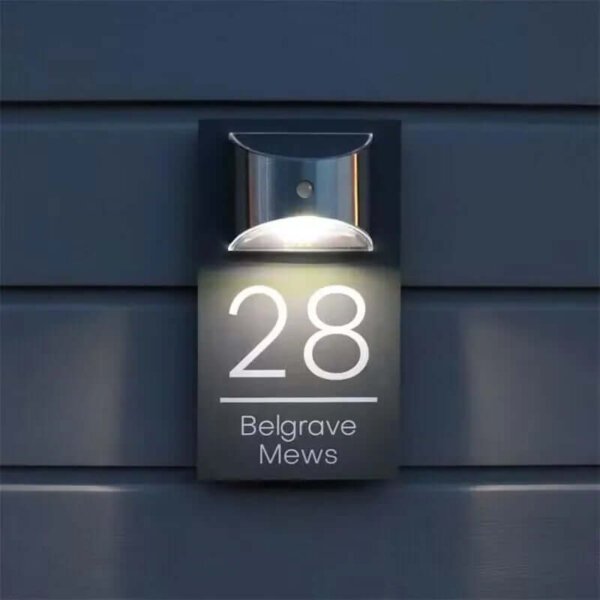 Personalised custom LED house number plaque, modern black outdoor illuminated door address sign, bespoke house name plate for UK home exterio