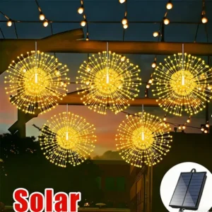 Warm white solar firework string lights hanging on outdoor wooden beams