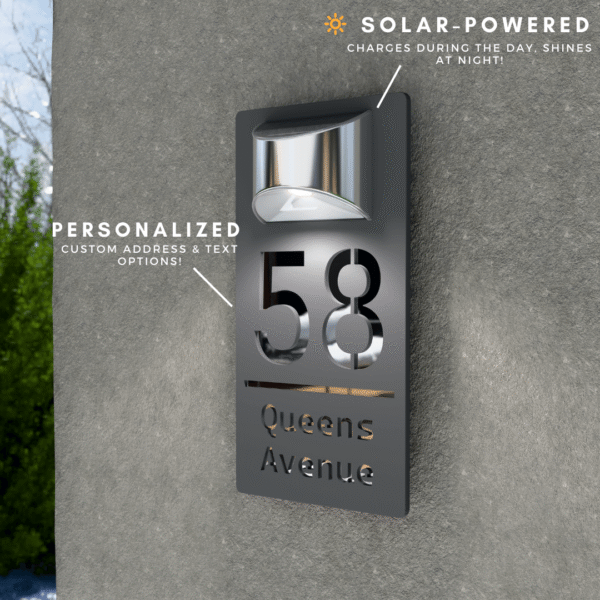 Solar-powered personalised house number plaque, custom address sign with LED light, charges in day and shines at night