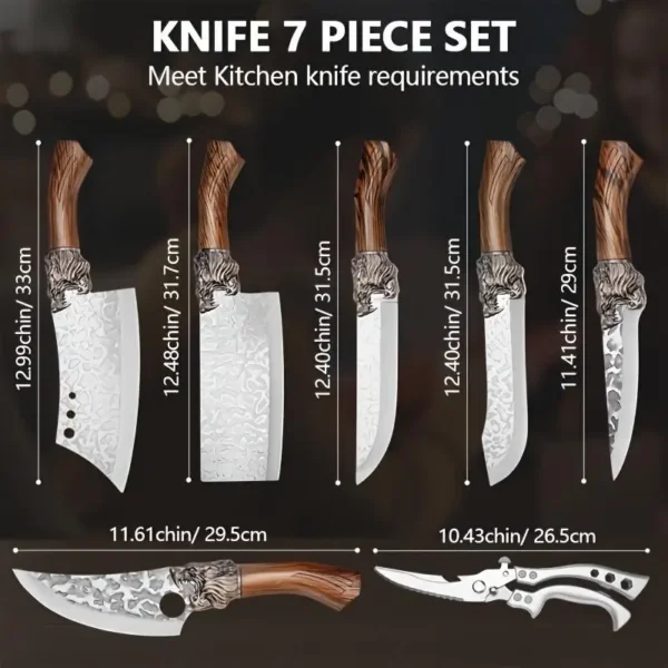 hand forged wolf head kitchen knife set 7pcs full size dimension chart