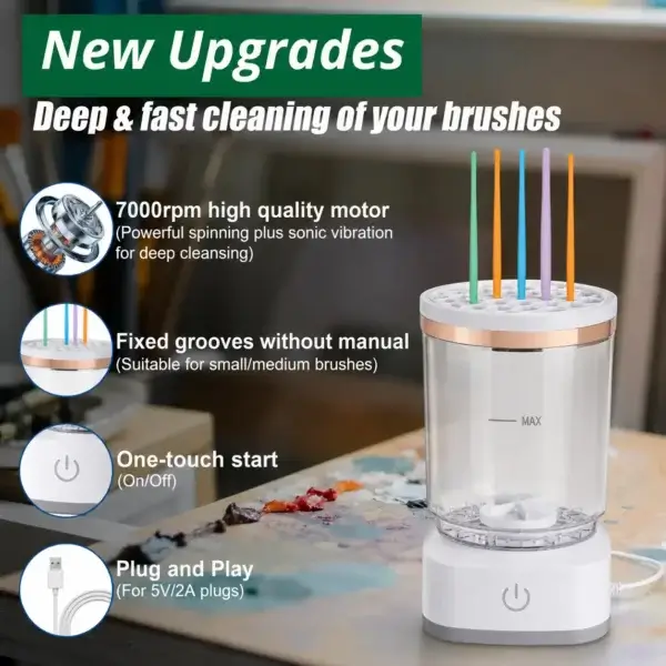 New Upgrades of Electric Paint Brush Cleaner Upgraded Electric Paint Brush Cleaner with 7000RPM motor silicone lid one-touch start and USB plug and play