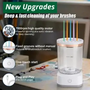 BrushClean Pro 3 Electric Paint Brush Cleaner with 7000RPM motor, silicone lid and one-touch button, upgraded rechargeable art brush cleaning cup